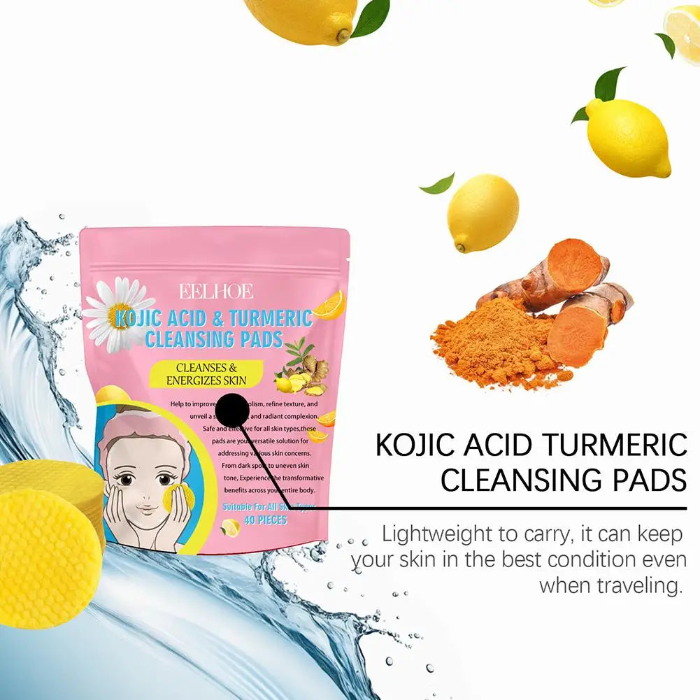 Kojic Acid Turmeric Cleansing Pads packaging with lemons and turmeric on a white background