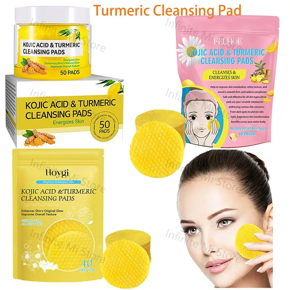 Collage of Kojic Acid & Turmeric Cleansing Pads packaging and a woman using them.