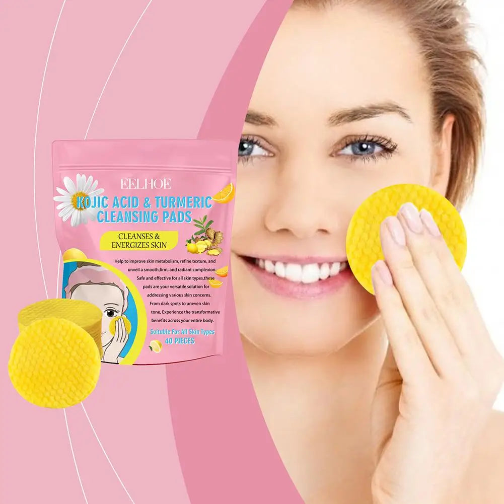 Cleansing pads with a pink background and a woman using them.