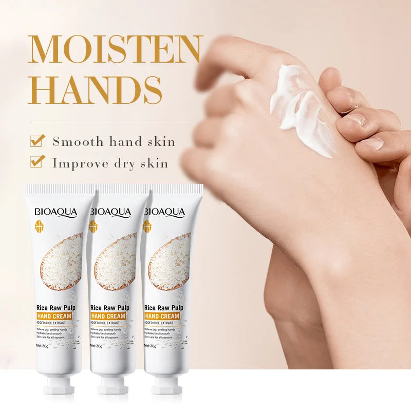 BIOAQUA Rice Raw Pulpo Hand Cream with hands applying cream and text 'Moisten Hands' on a beige background
