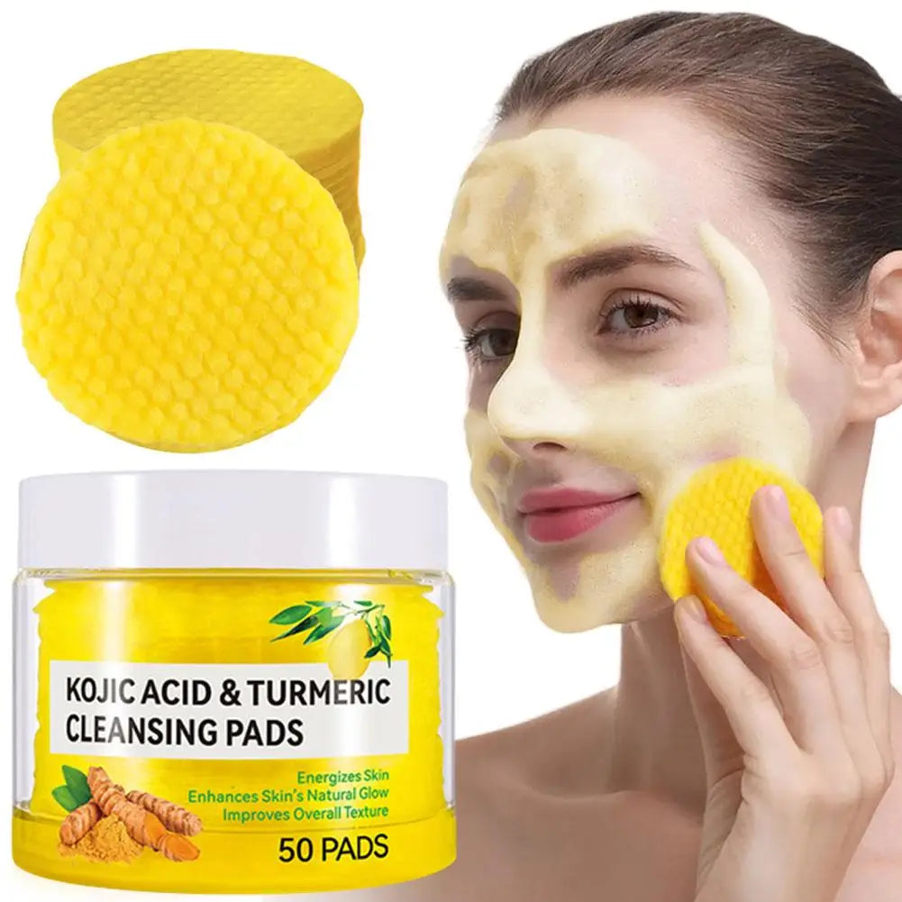 Kojic Acid & Turmeric Cleansing Pads with a jar, yellow cleansing pad, and a woman applying it to her face.