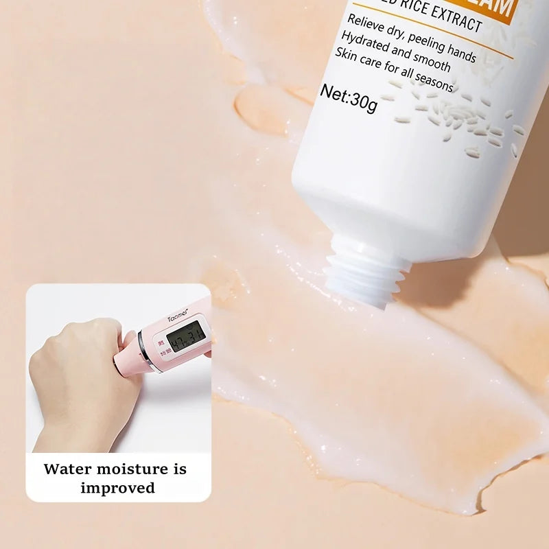 Skincare product with a digital moisture meter showing improved water moisture levels on a beige background.